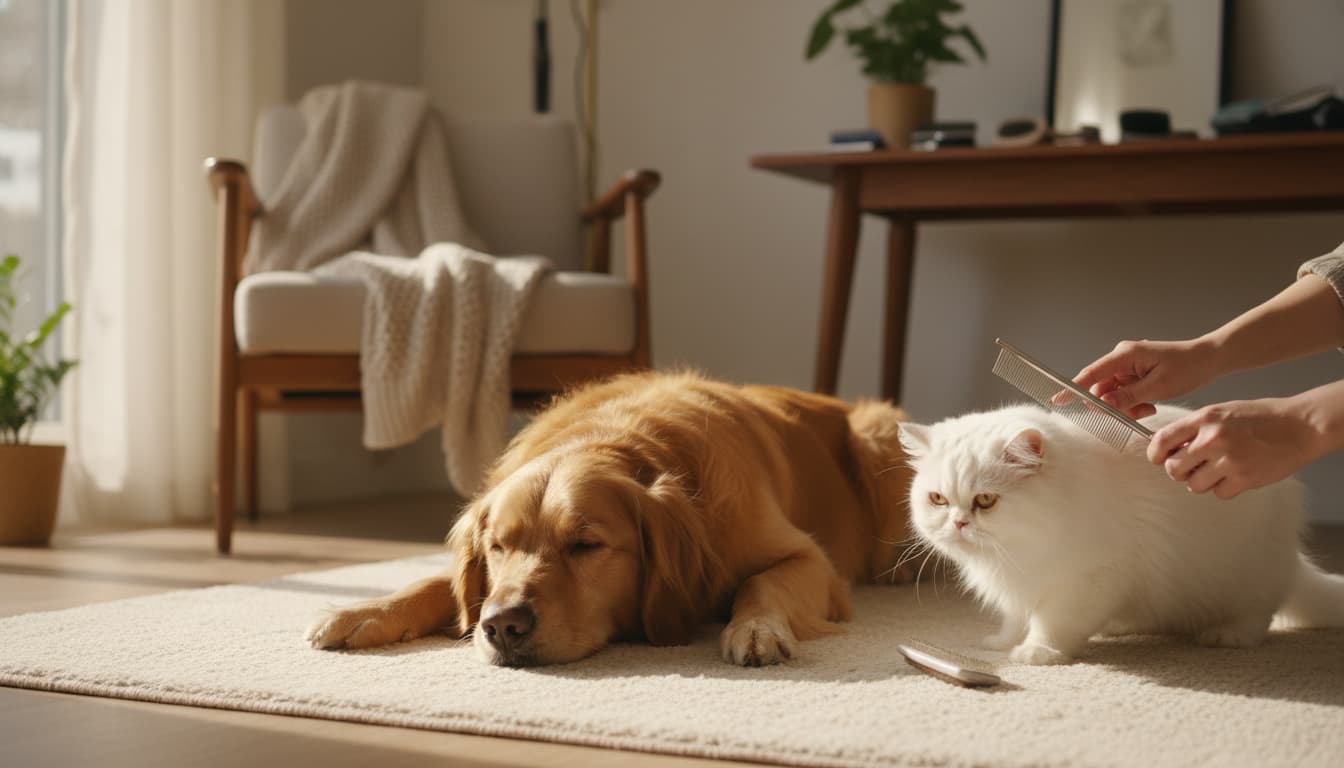 Chien et chat calmes pendant une routine de toilettage